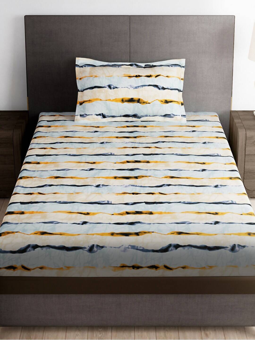 Story@home Arena Cream-Coloured & Grey Printed 180 TC Bedsheet & Pillow Covers 
