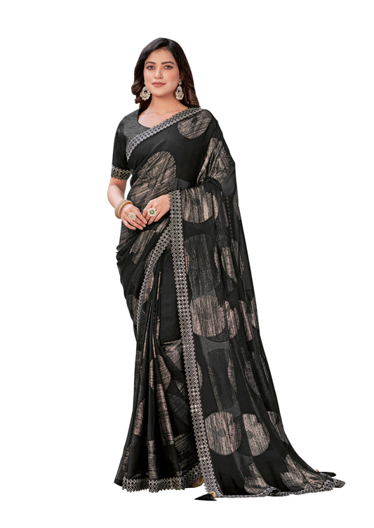 Black Georgette Zari Jacquard Embroidered Border With Mirror Work Saree With Unstitched Blouse Piece - Norita Zaina