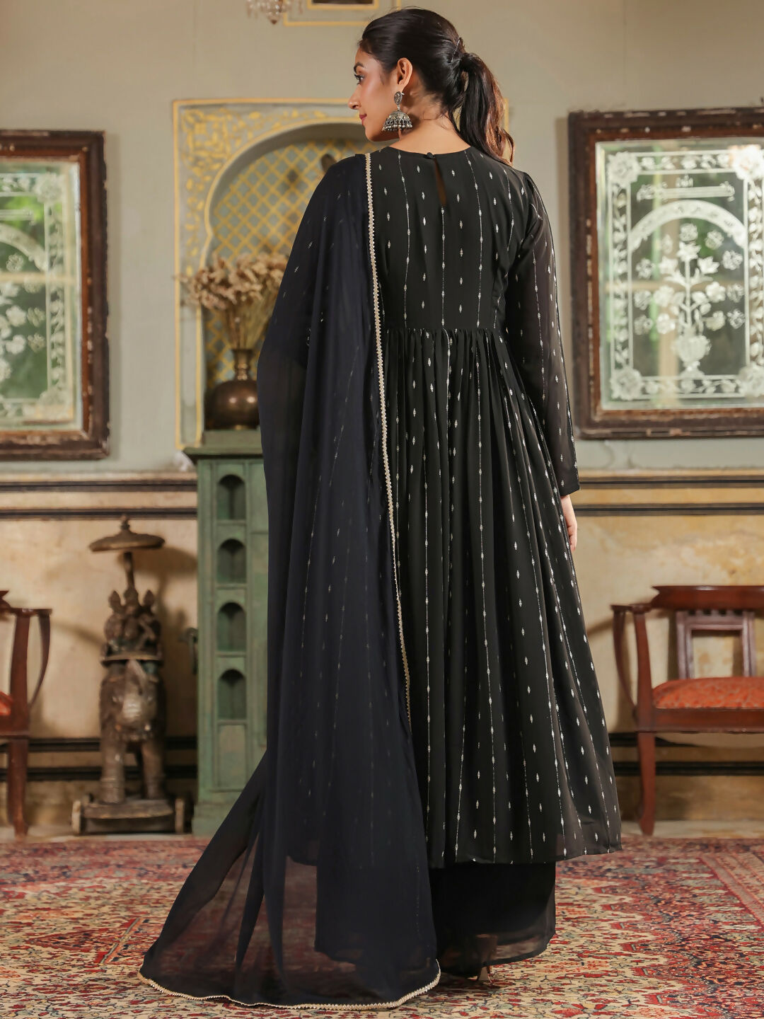 Janasya Black Georgette Foil Print Kurta,Bottom & Dupatta 