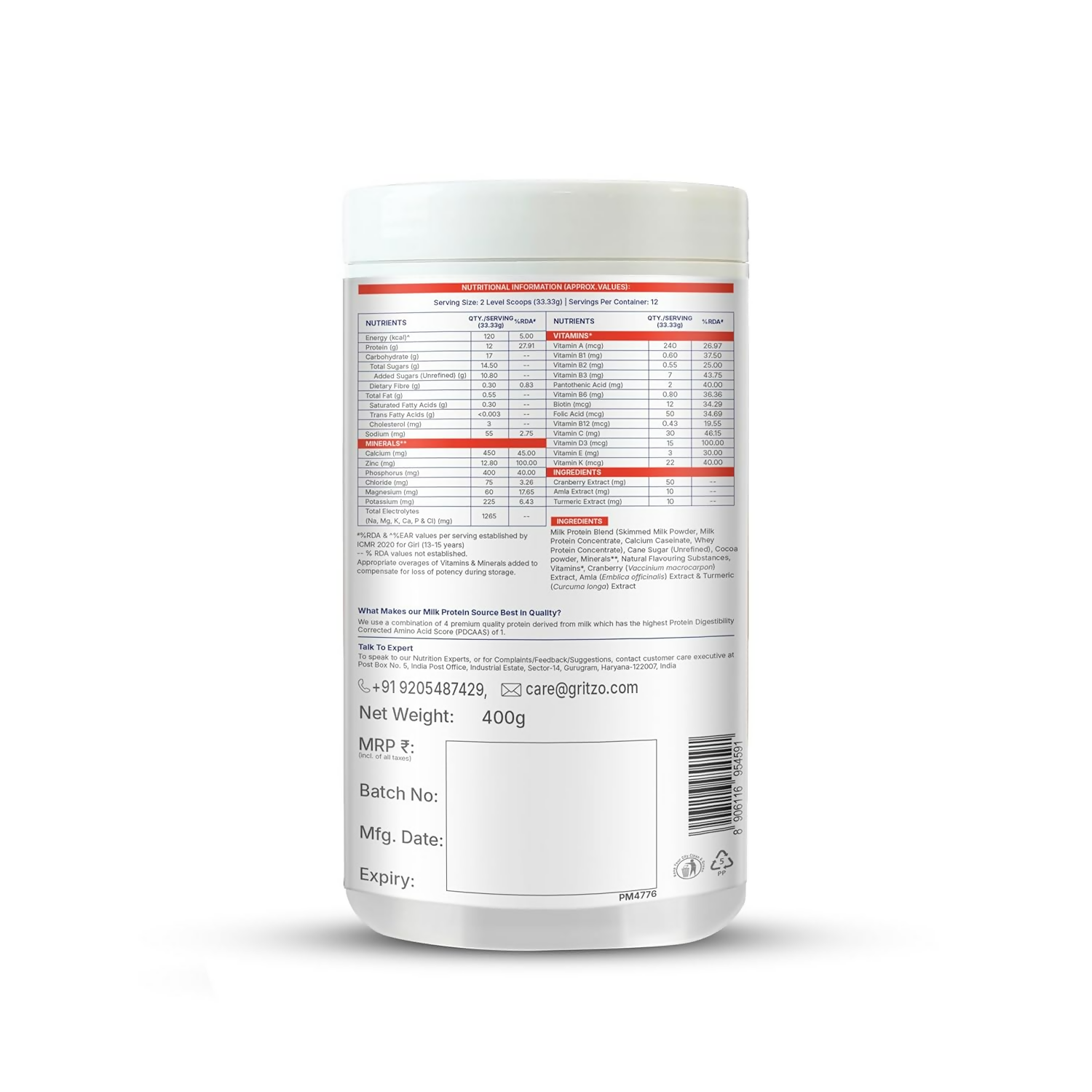 Gritzo SuperMilk Overall Growth (13+y Girls), 12g Protein Powder (Double Chocolate)