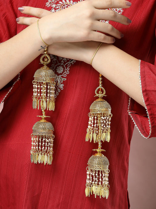 NVR Women's Pack Of 2 Gold-Polished Stone Studded Bridal Layered Kaleera Sets