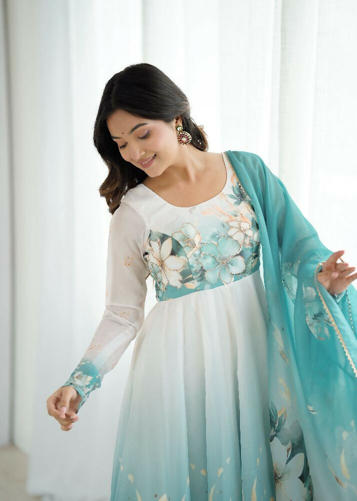 Joban Fashion Aqua Blue Kurta Set Organza Sequin Embroidery Work 
