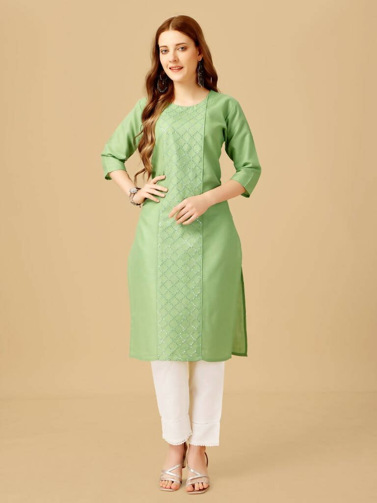 Aastha Fashion Women's Lime Green Cotton Blend Embroidered Kurta Pant Set - Grab2buy