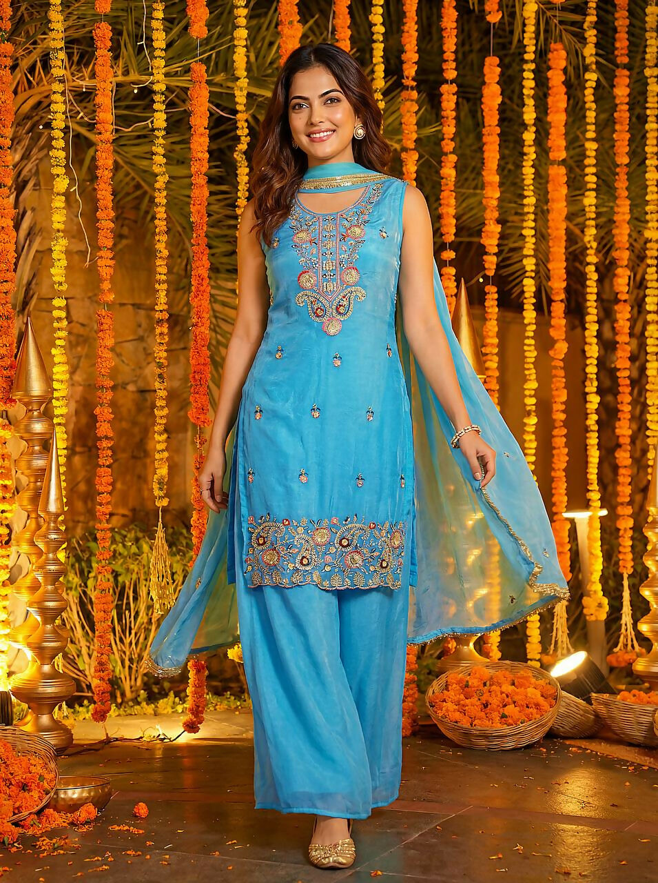 Joban Fashion Blue Silk Embroidered Sharara Set