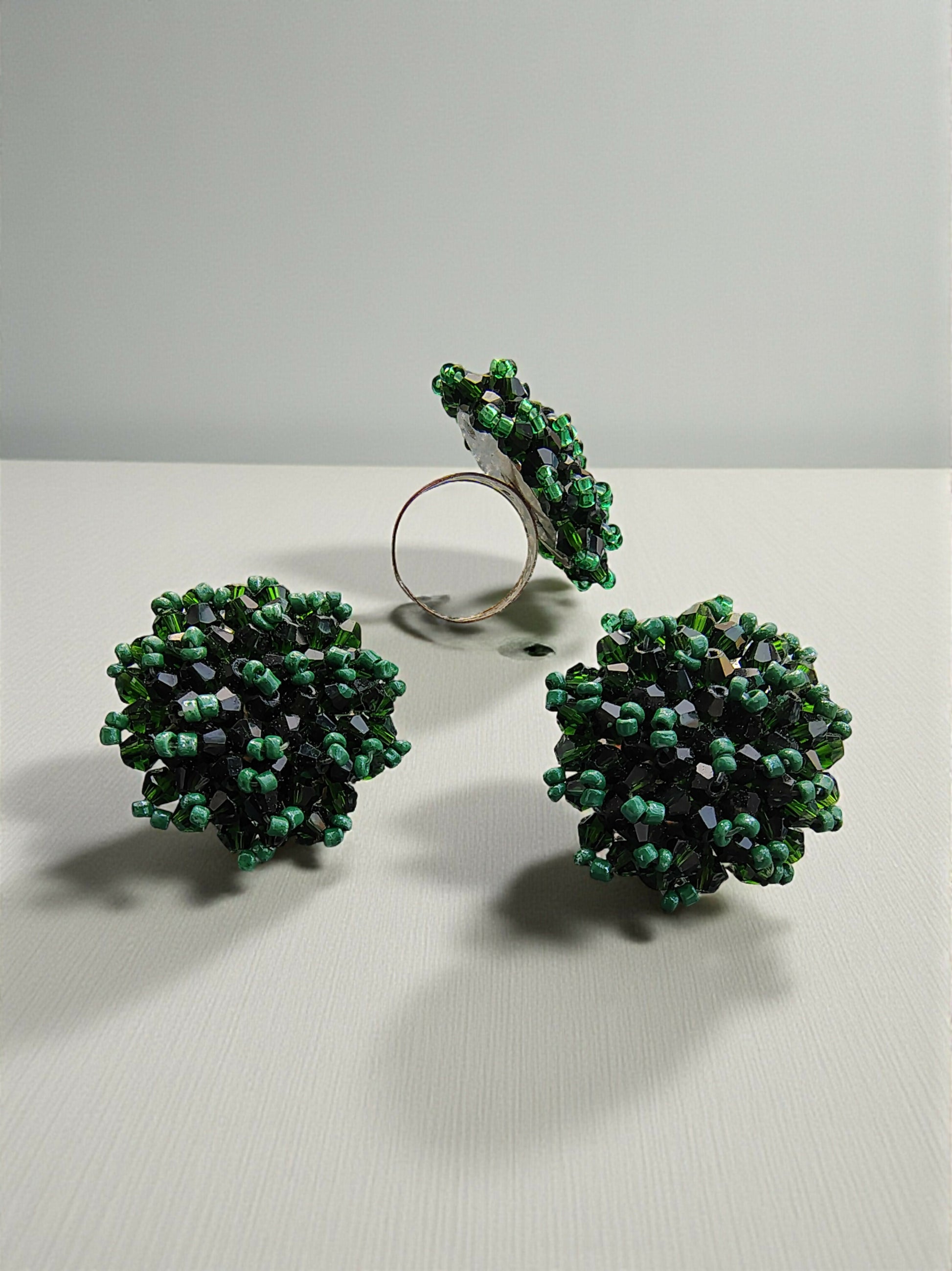 Inhanns Rangmani Crystal Duo – Adjustable Ring + Statement Earrings Set - Dark Green