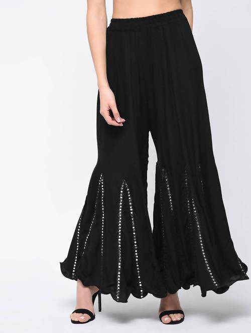 Mominos Fashion Black Viscose Rayon Flared Palazzo with Mirror Lace Work - Grab2buy