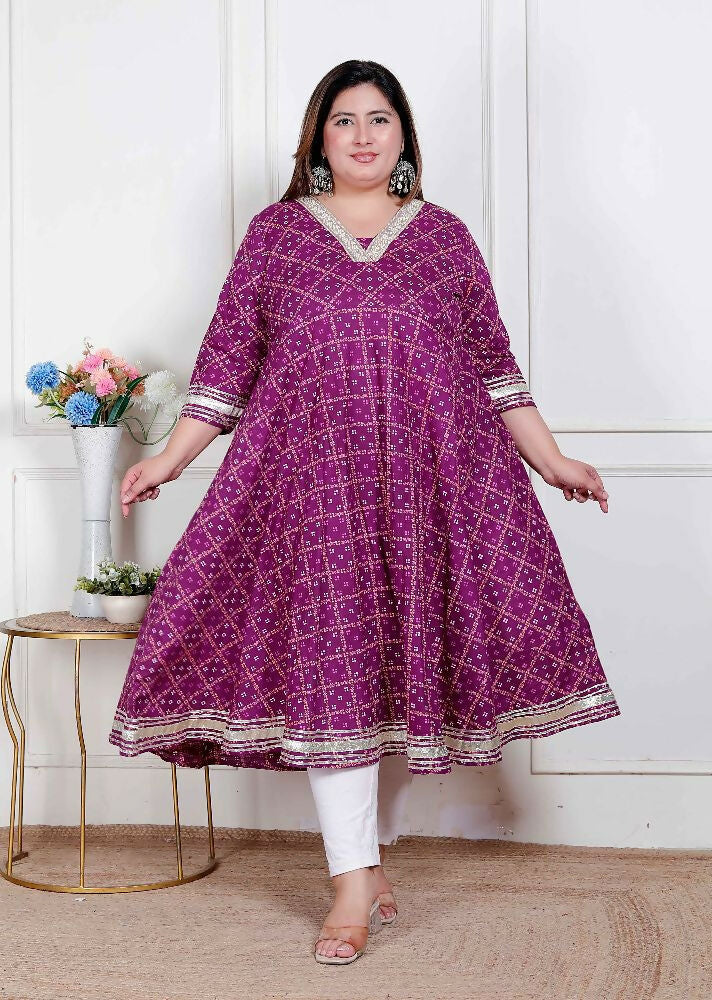 Miravan Plus Size Women Cotton Magenta Gota Lace And Embroidered Anarkali Kurta