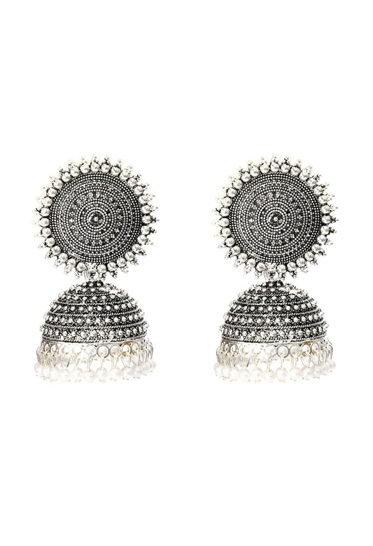 Mominos Fashion Johar Kamal Silver Color Jhumkas With White Pearls Earrings - Grab2buy