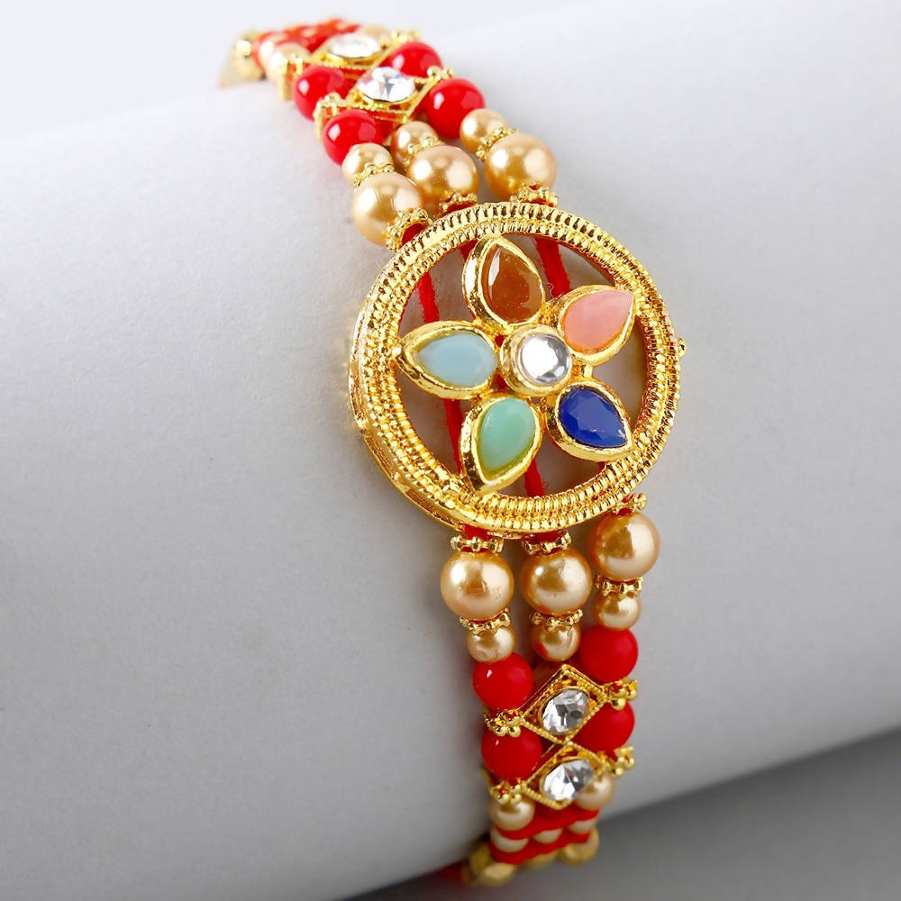 Flower Design Kundan Rakhi and Cadbury Silk Chocolates