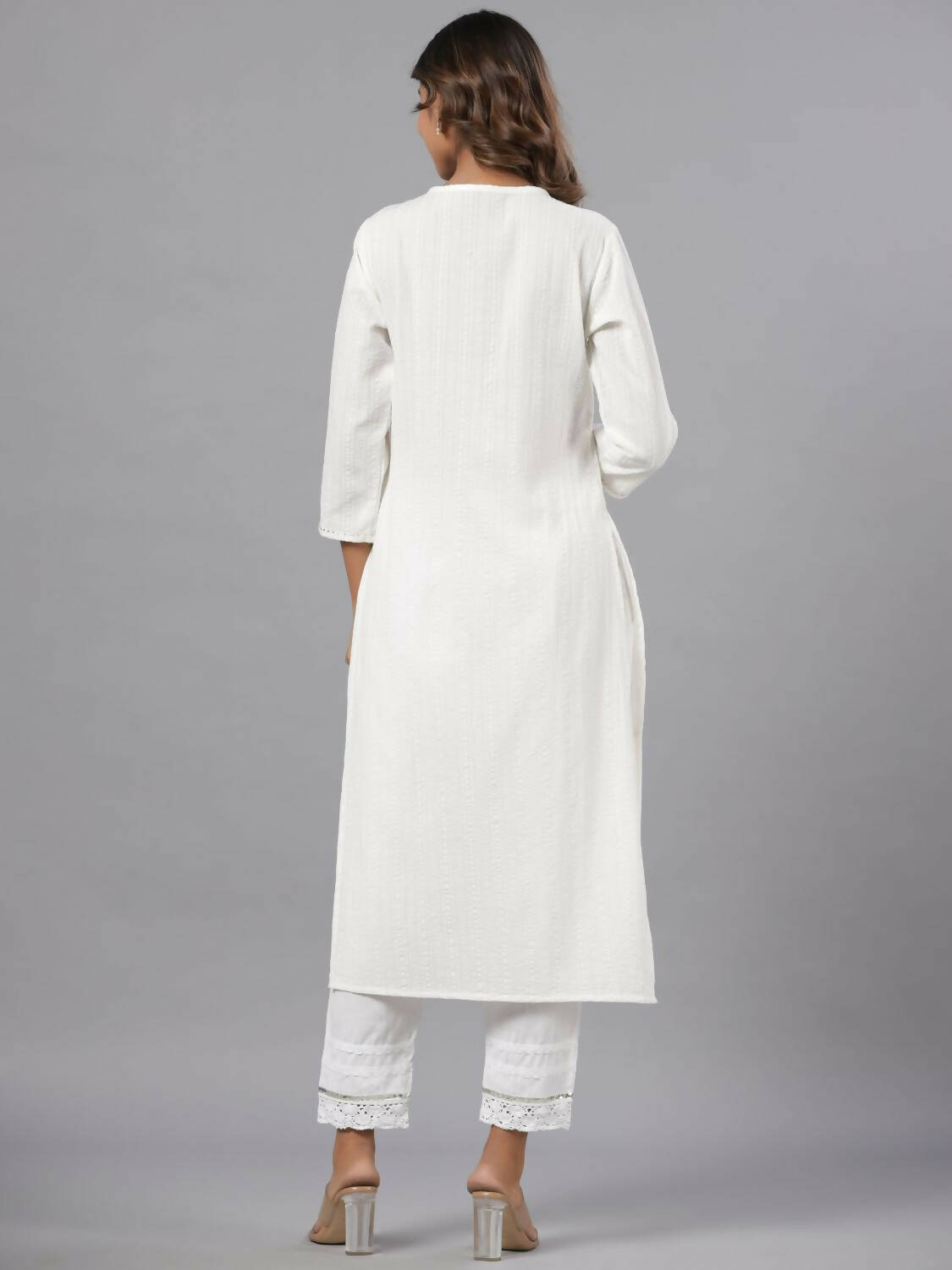 Juniper Women White Seer Sucker Embroidered High Slit Kurta