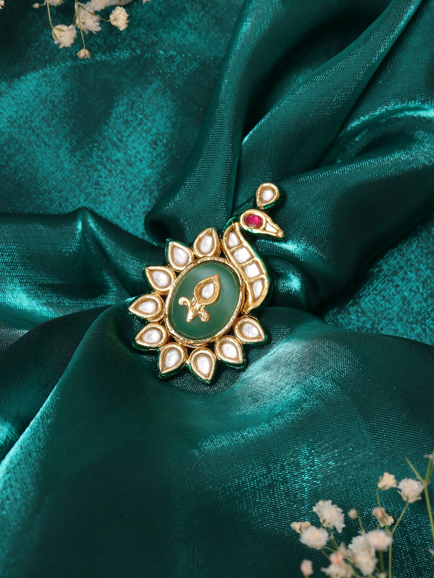 Ruby Raang Gold Polished Green Birdie Kundan Ring | Swadesiicart