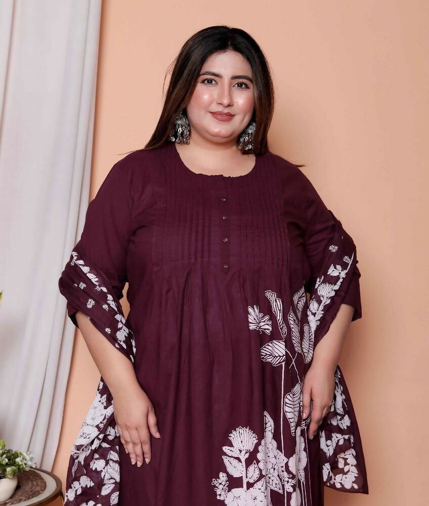 Miravan Womens Plus Size Wine Floral Kurta With Palazzo And Dupatta Set