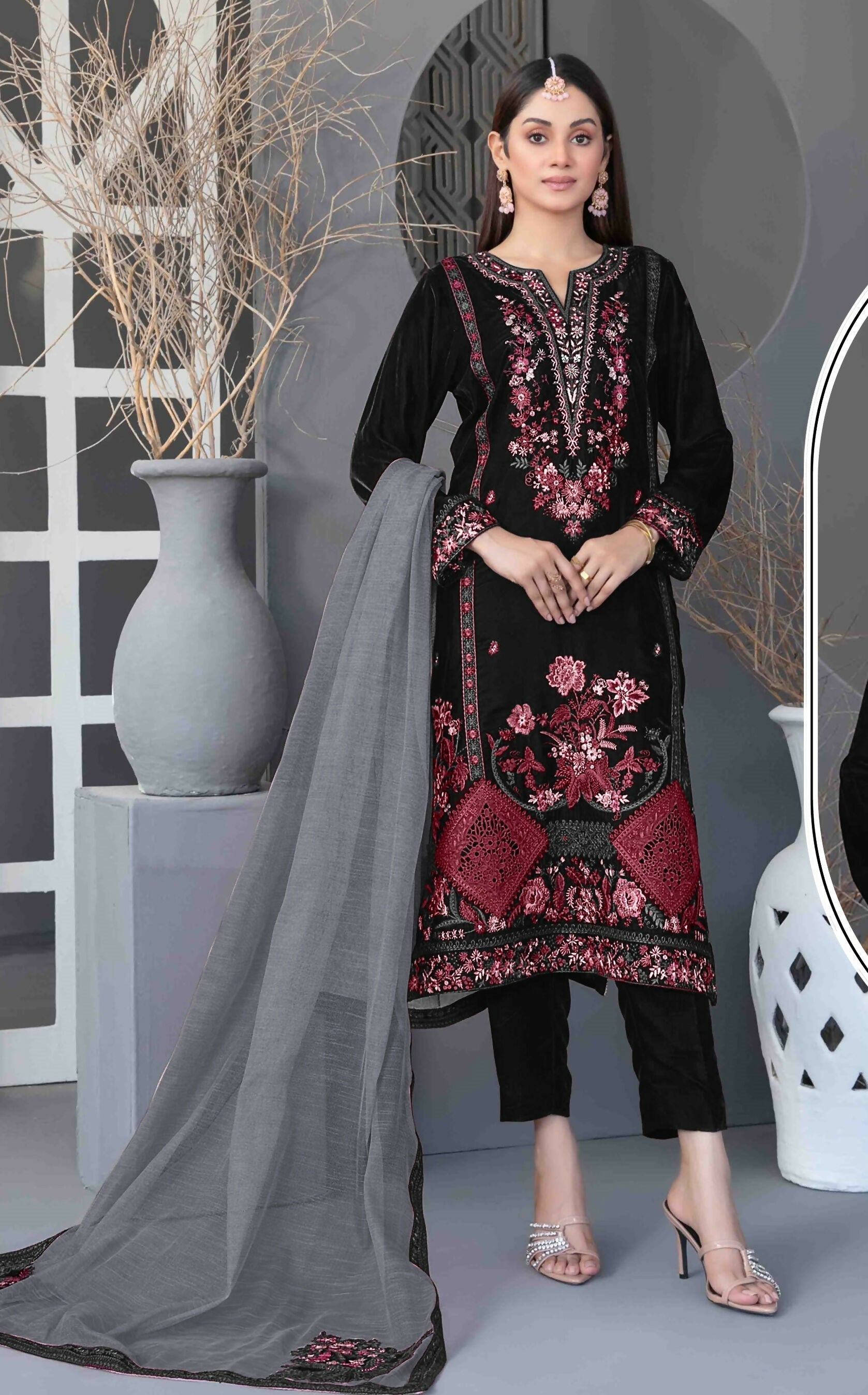 Anaita Black Velvet Suit with Embroidery Sequence Work 