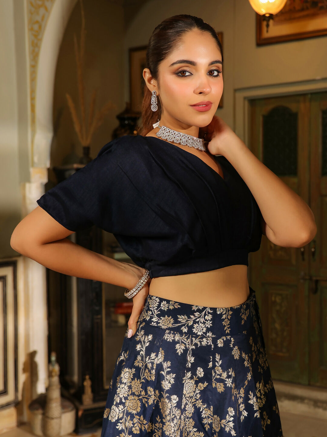 Janasya Navy Blue Silk Blend Solid Lehenga Choli 
