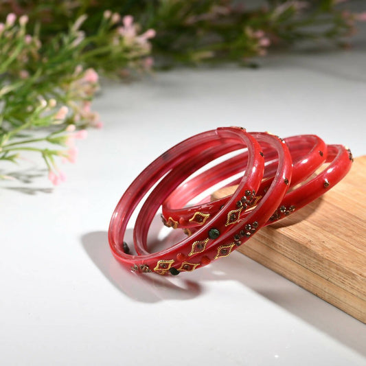 Afast Designer Fancy Party Bangle/ Kada Set, Red, Glass, Pack Of 4 - Grab2buy