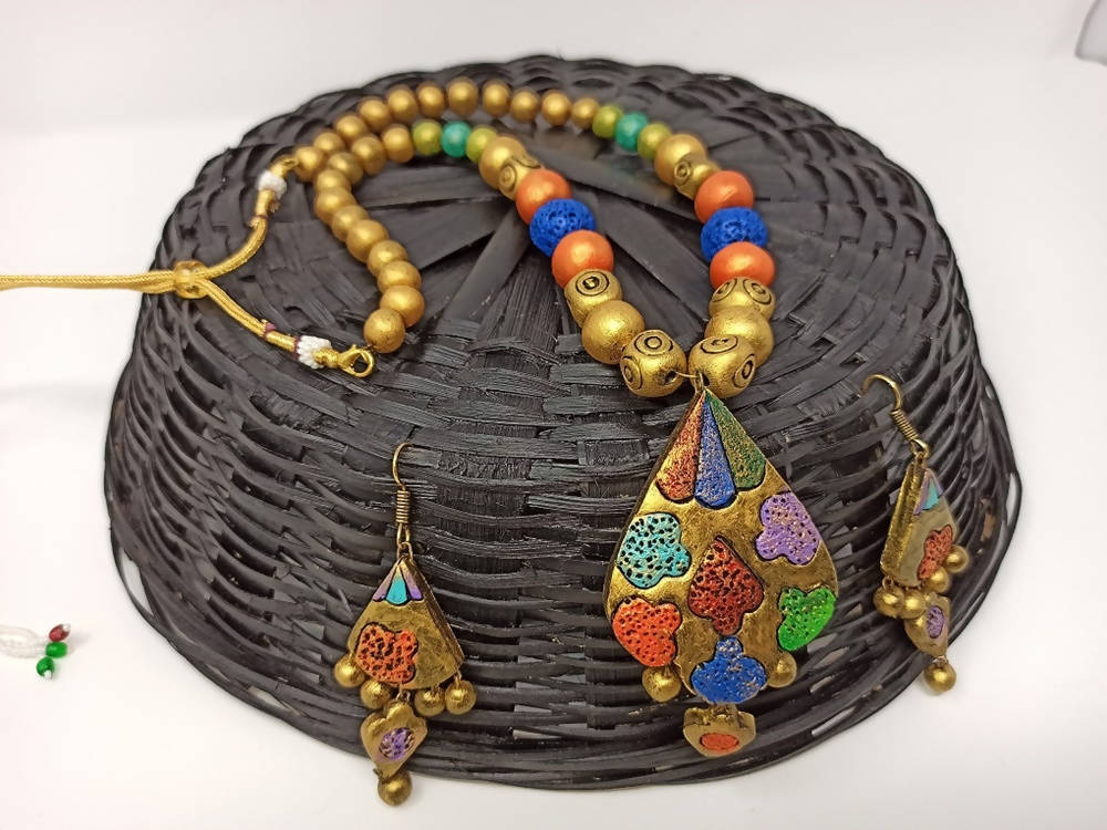 Terracotta Multi Colour Boho Style Neckset With Matching Earrings-Multi Colour