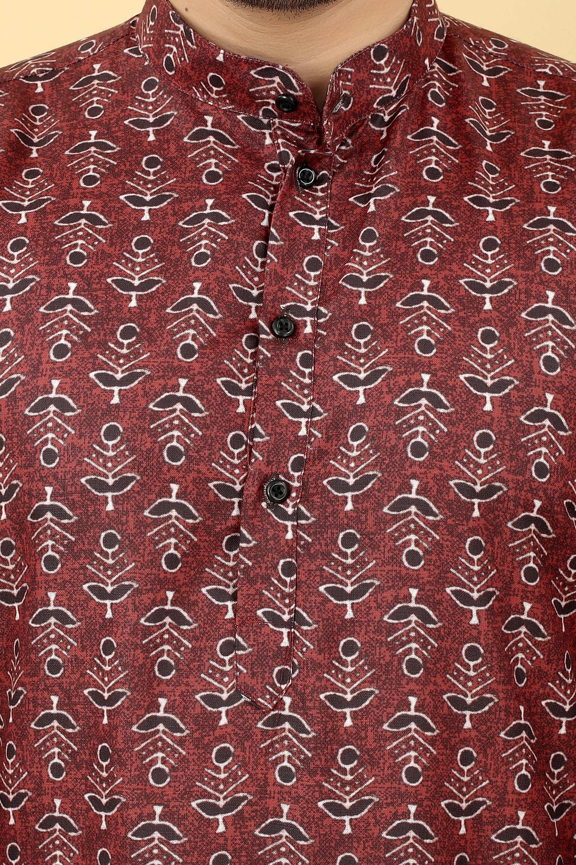 Maroon Cotton Printed Men's Kurta - Mahotsav