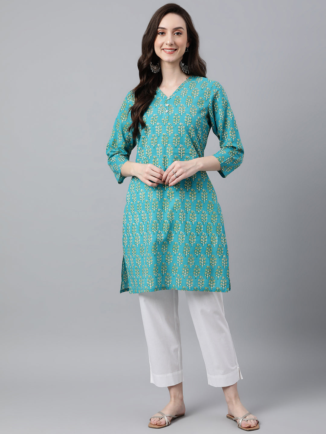 Janasya Women's Turquoise Blue Cotton Block Print Straight Tunic 
