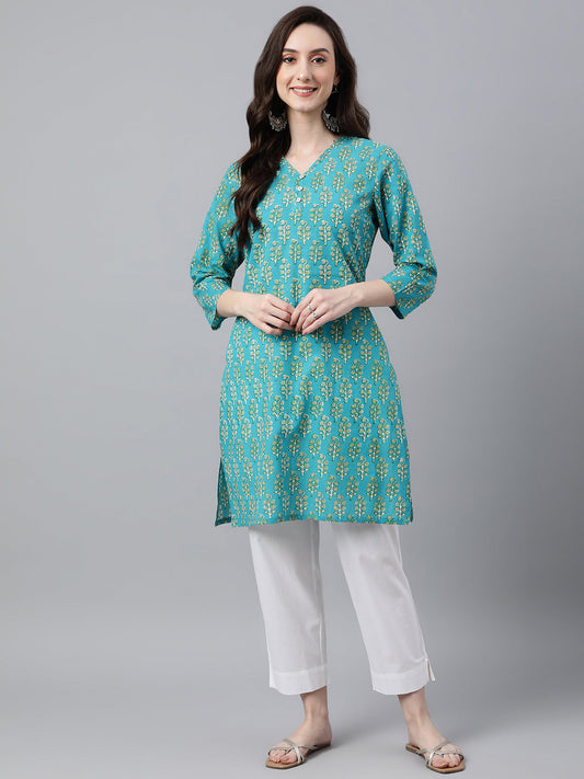 Janasya Women's Turquoise Blue Cotton Block Print Straight Tunic 