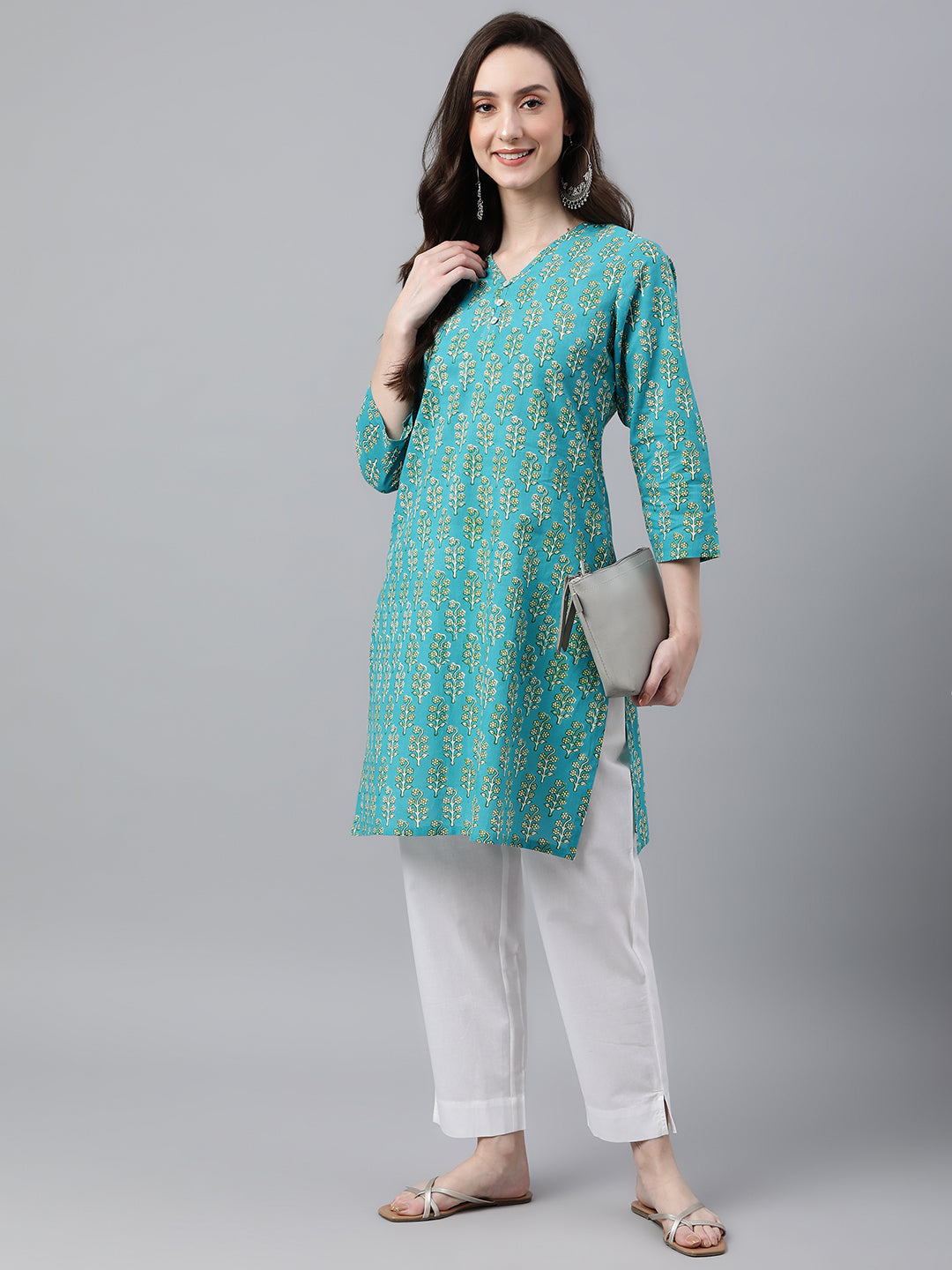 Janasya Women's Turquoise Blue Cotton Block Print Straight Tunic 