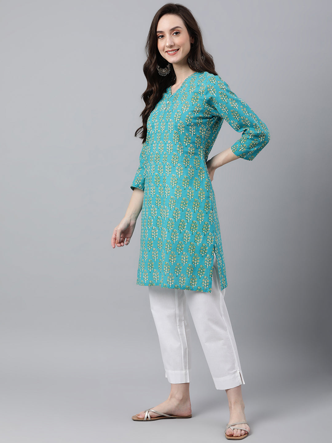 Janasya Women's Turquoise Blue Cotton Block Print Straight Tunic 