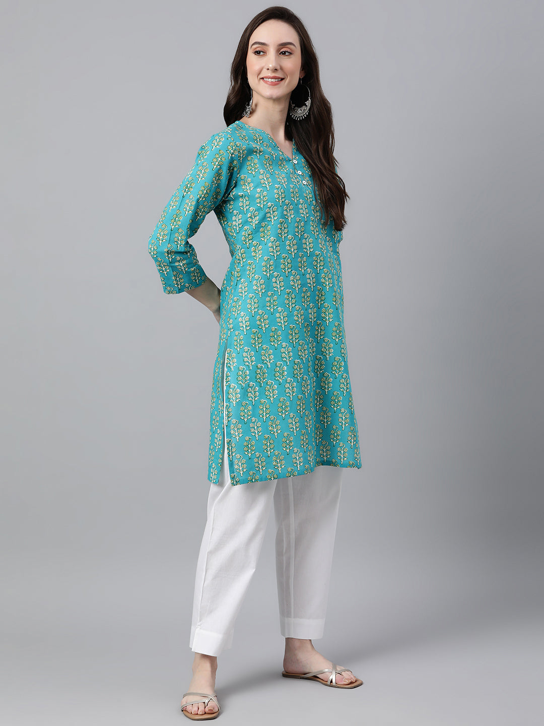 Janasya Women's Turquoise Blue Cotton Block Print Straight Tunic 