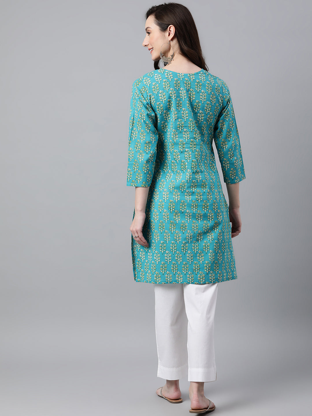 Janasya Women's Turquoise Blue Cotton Block Print Straight Tunic 