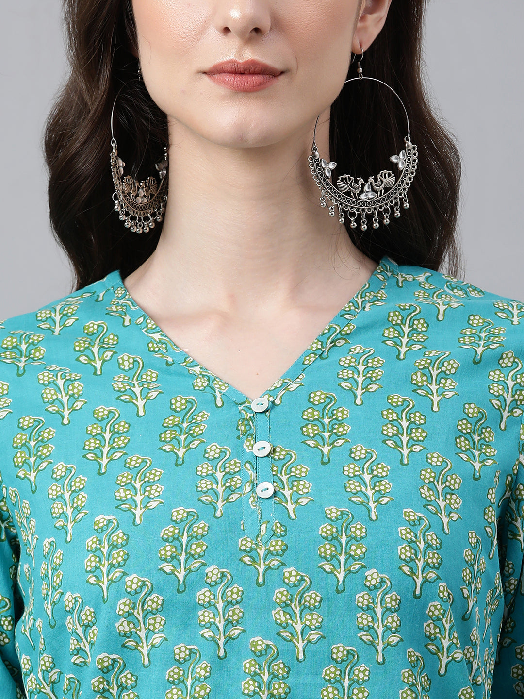 Janasya Women's Turquoise Blue Cotton Block Print Straight Tunic 