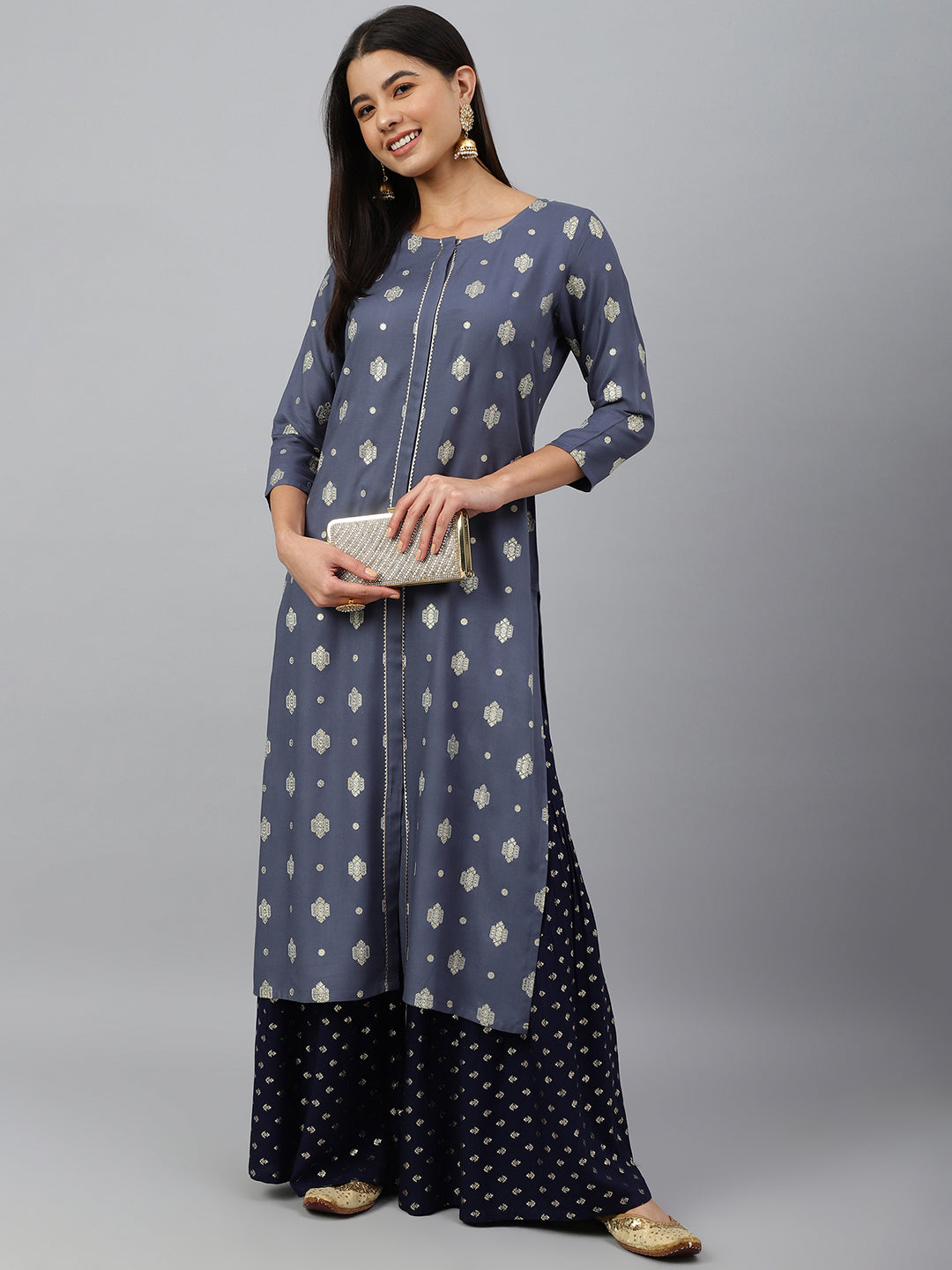 Janasya Women's Grey Rayon Ethnic motifs Festive Straight Kurta 