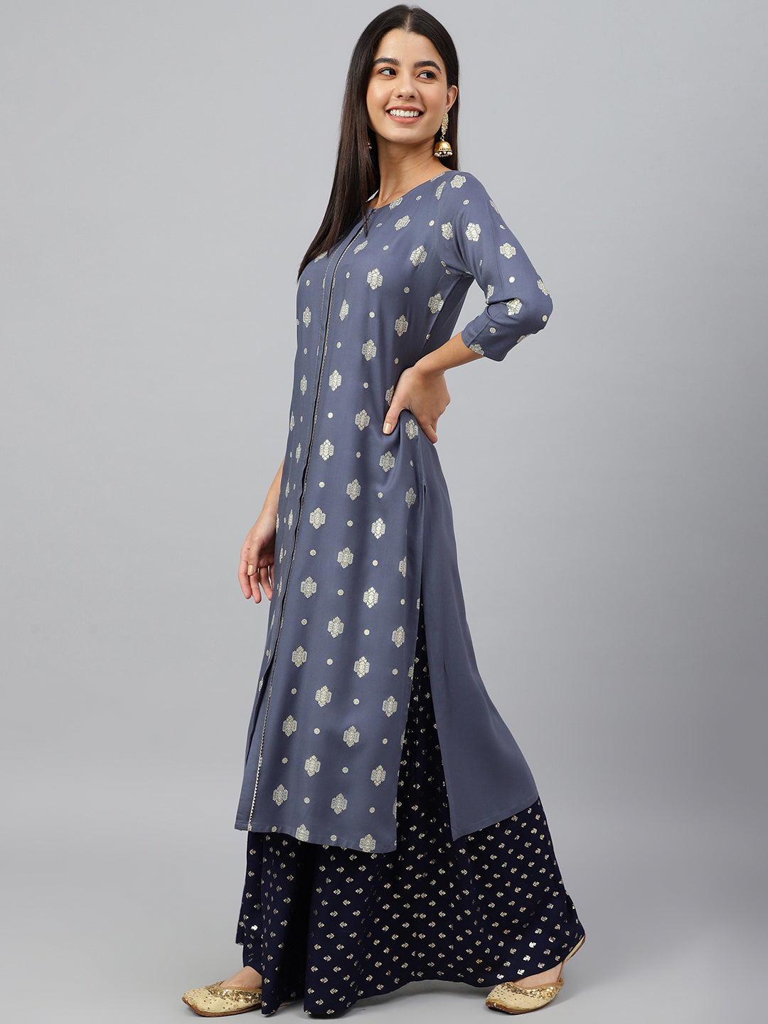 Janasya Women's Grey Rayon Ethnic motifs Festive Straight Kurta 