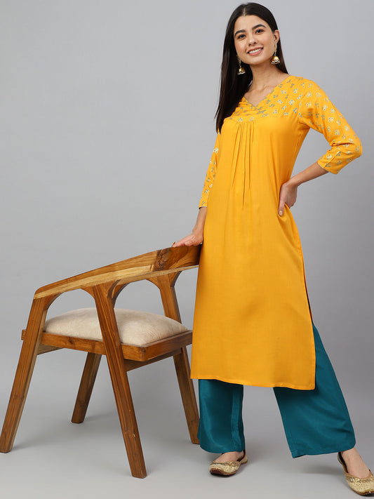 Janasya Women's Orange Rayon Gold Floral Print Festive Straight Kurta 