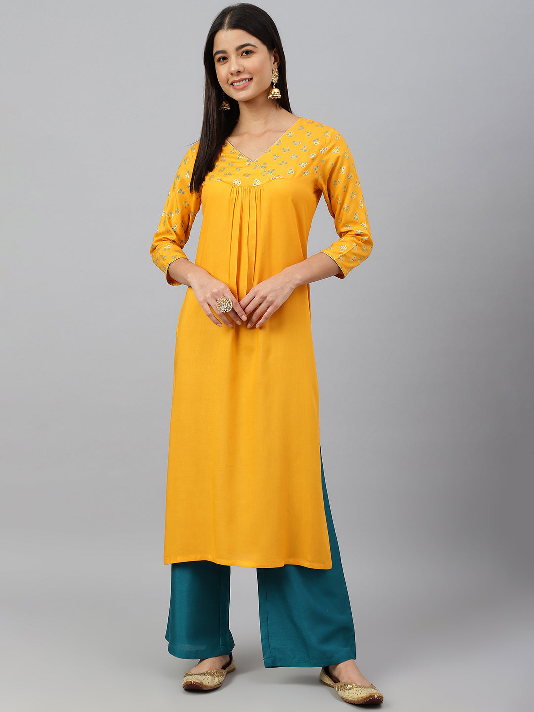 Janasya Women's Orange Rayon Gold Floral Print Festive Straight Kurta 