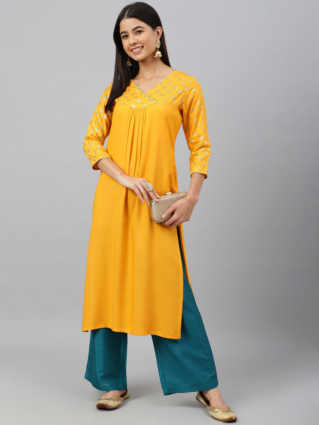 Janasya Women's Orange Rayon Gold Floral Print Festive Straight Kurta 