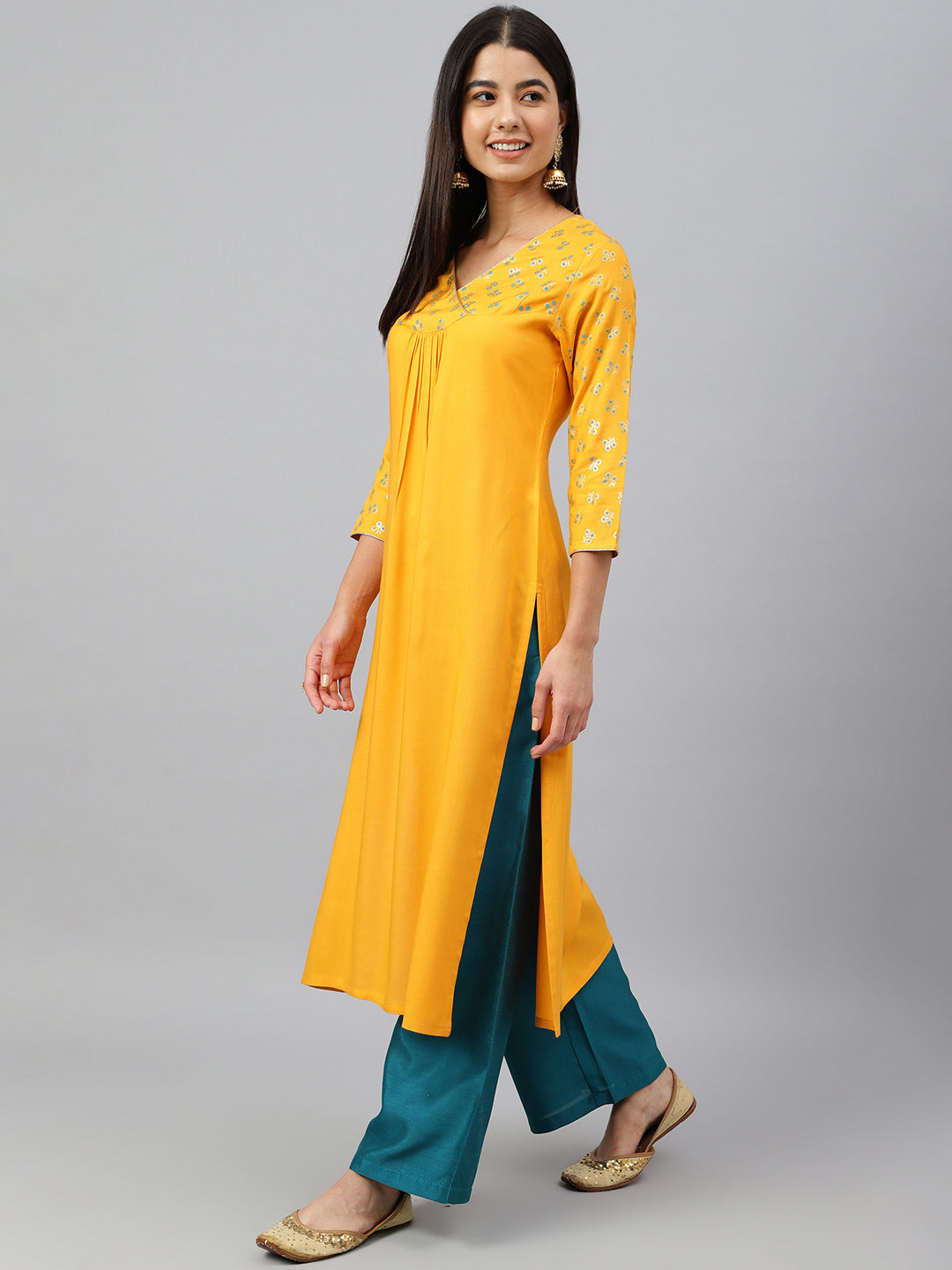 Janasya Women's Orange Rayon Gold Floral Print Festive Straight Kurta 