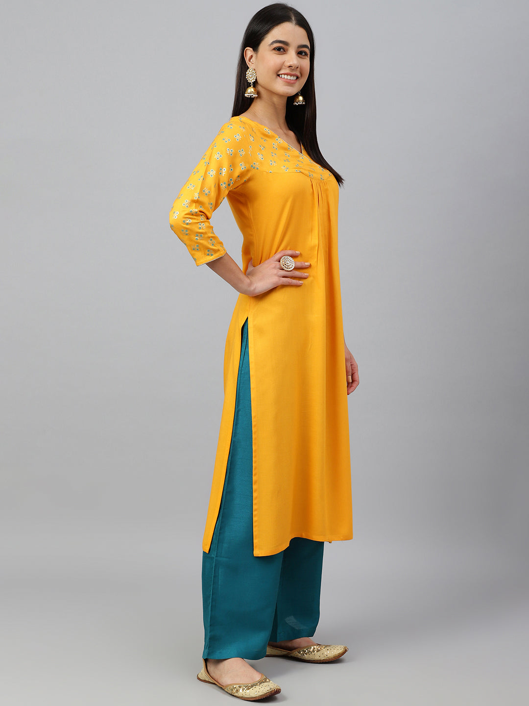 Janasya Women's Orange Rayon Gold Floral Print Festive Straight Kurta 
