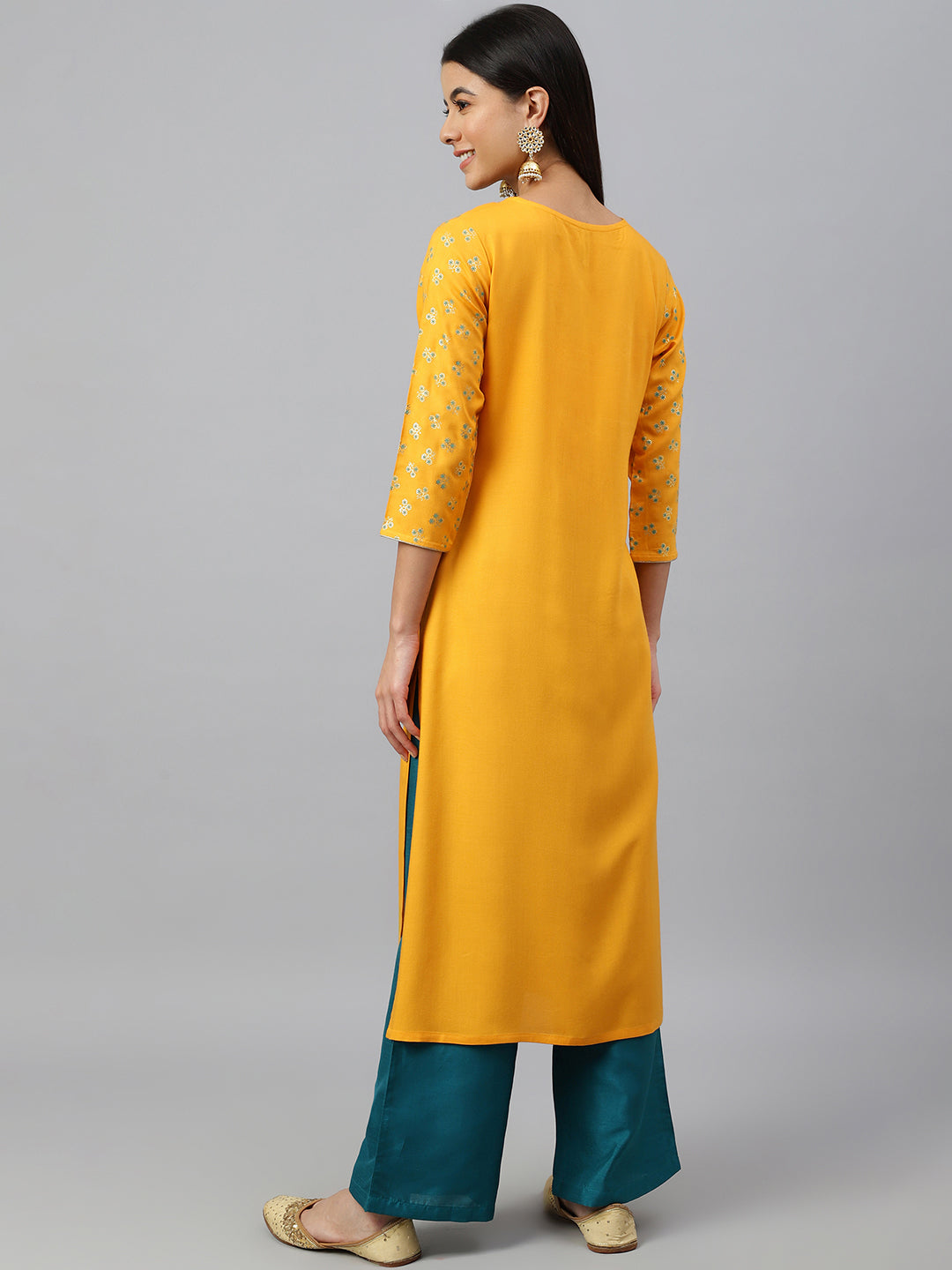 Janasya Women's Orange Rayon Gold Floral Print Festive Straight Kurta 
