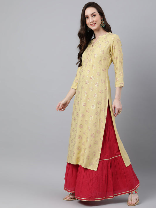 Janasya Women's Yellow Rayon Ethnic motifs Festive Straight Kurta 