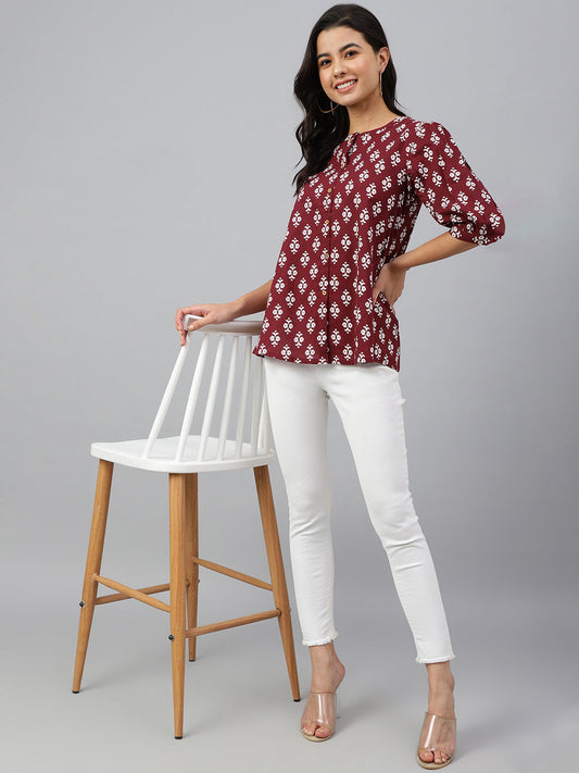 Janasya Women's Wine Cotton Ethnic Motifs A-line Top 