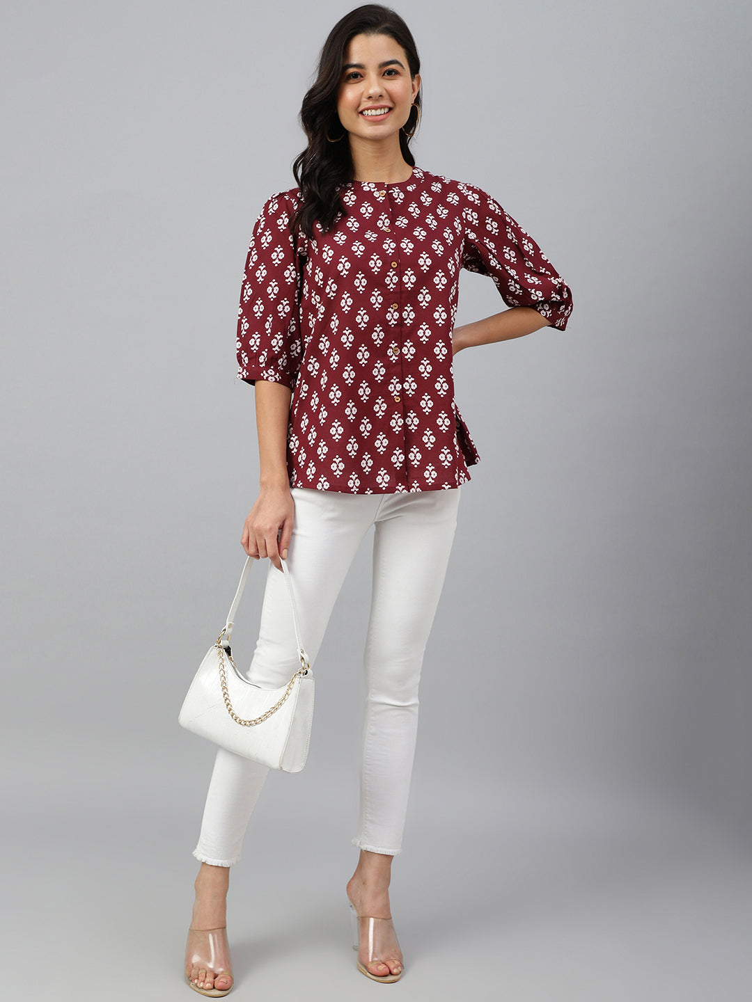 Janasya Women's Wine Cotton Ethnic Motifs A-line Top 