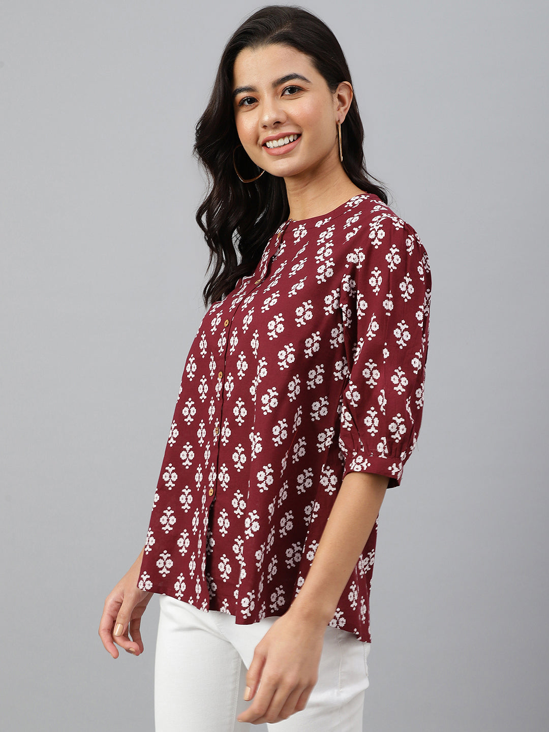 Janasya Women's Wine Cotton Ethnic Motifs A-line Top 