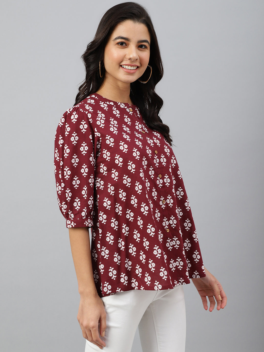 Janasya Women's Wine Cotton Ethnic Motifs A-line Top 