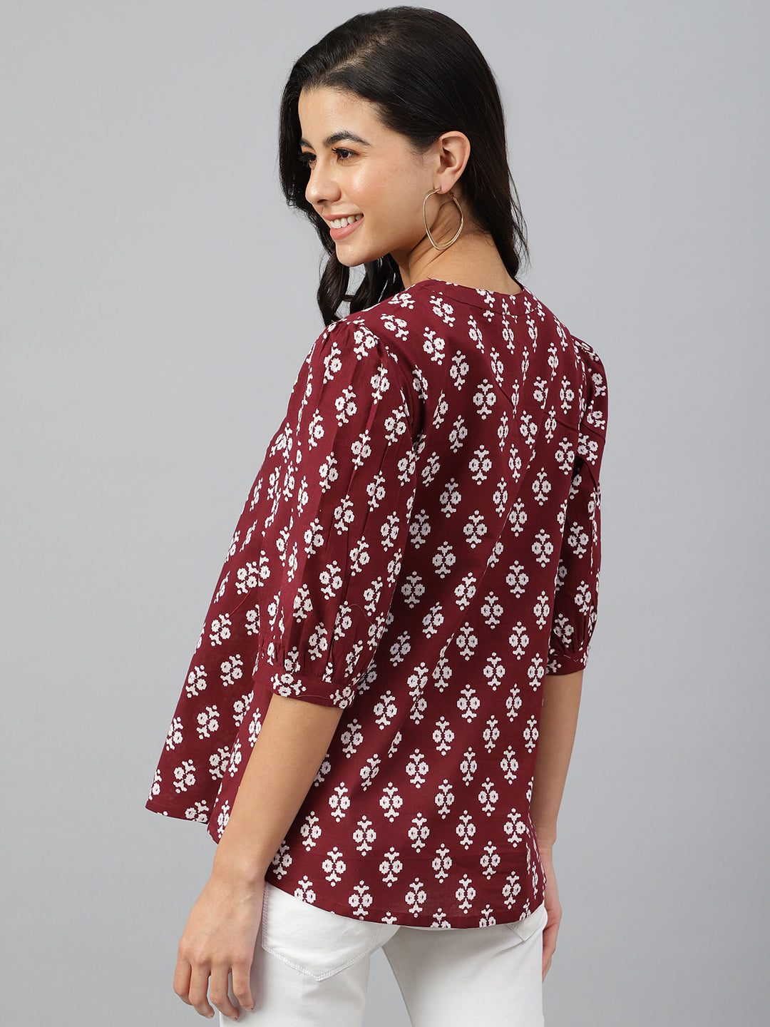 Janasya Women's Wine Cotton Ethnic Motifs A-line Top 