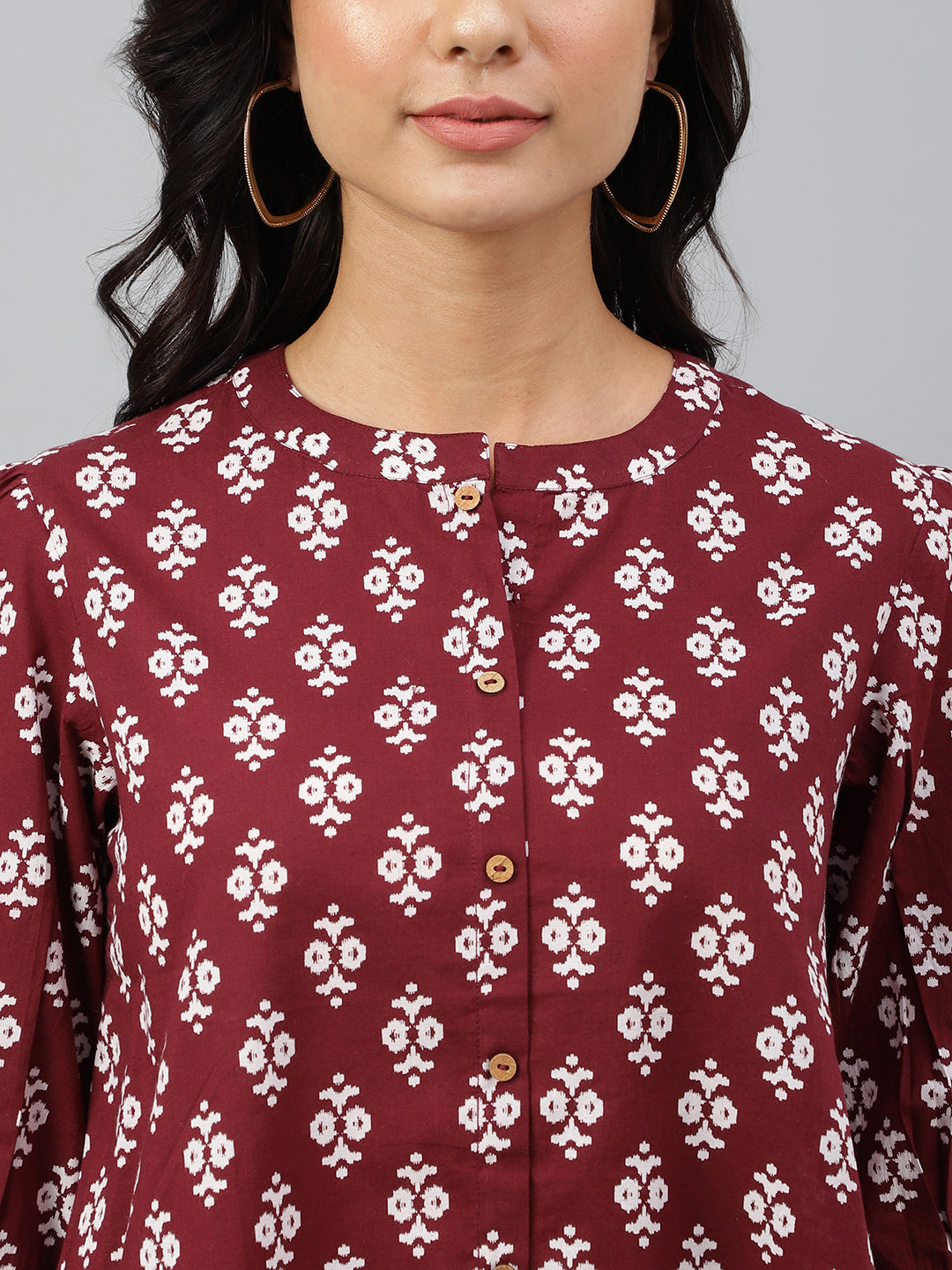 Janasya Women's Wine Cotton Ethnic Motifs A-line Top 