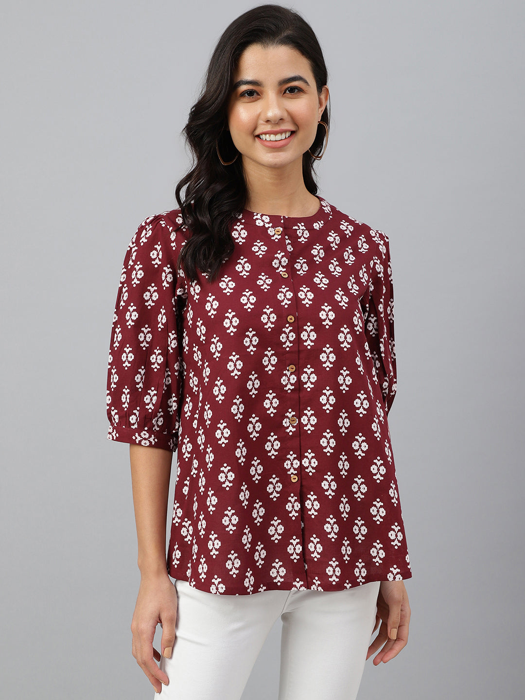 Janasya Women's Wine Cotton Ethnic Motifs A-line Top 