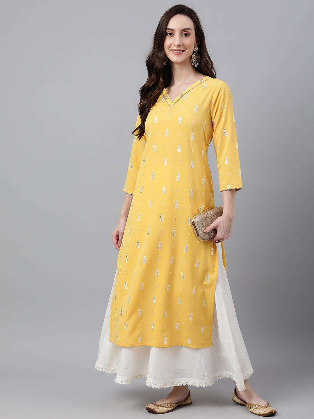 Janasya Women's Mustard Crepe Foil Print Casual Straight Kurta 