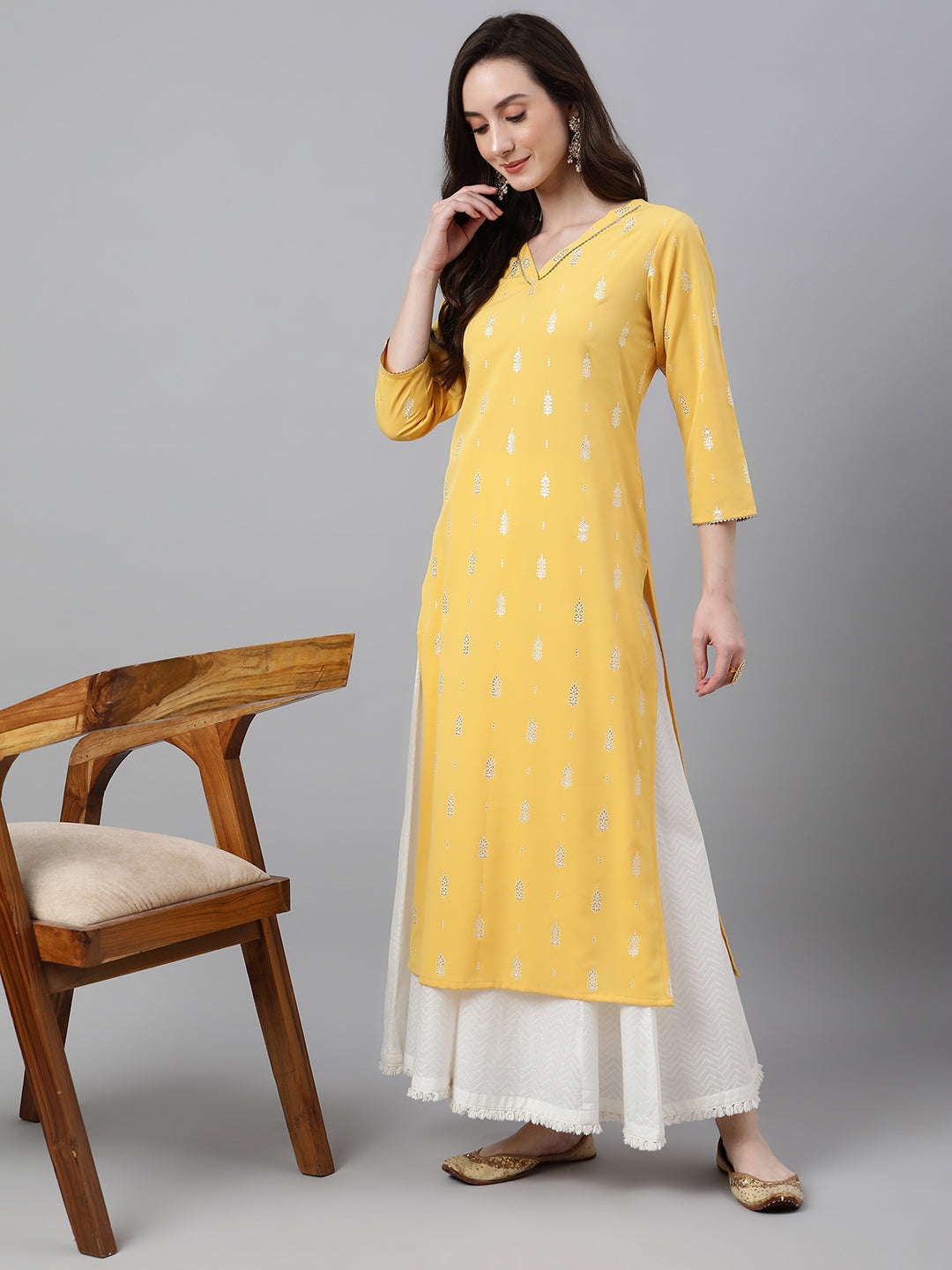 Janasya Women's Mustard Crepe Foil Print Casual Straight Kurta 
