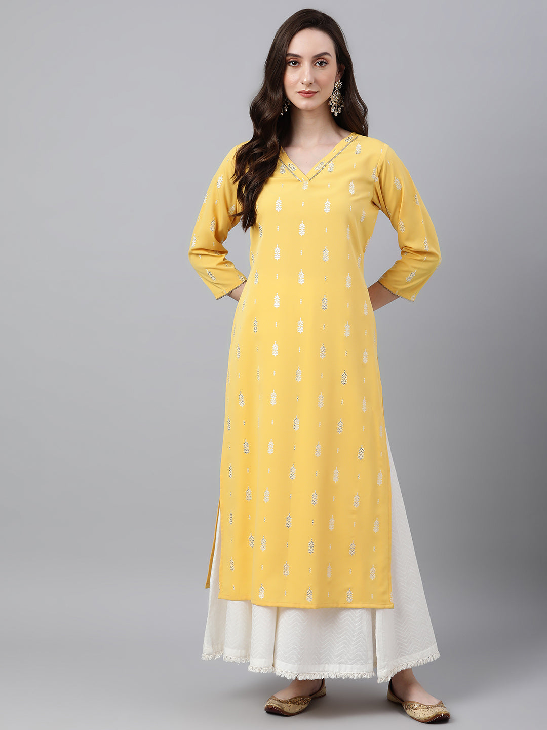 Janasya Women's Mustard Crepe Foil Print Casual Straight Kurta 