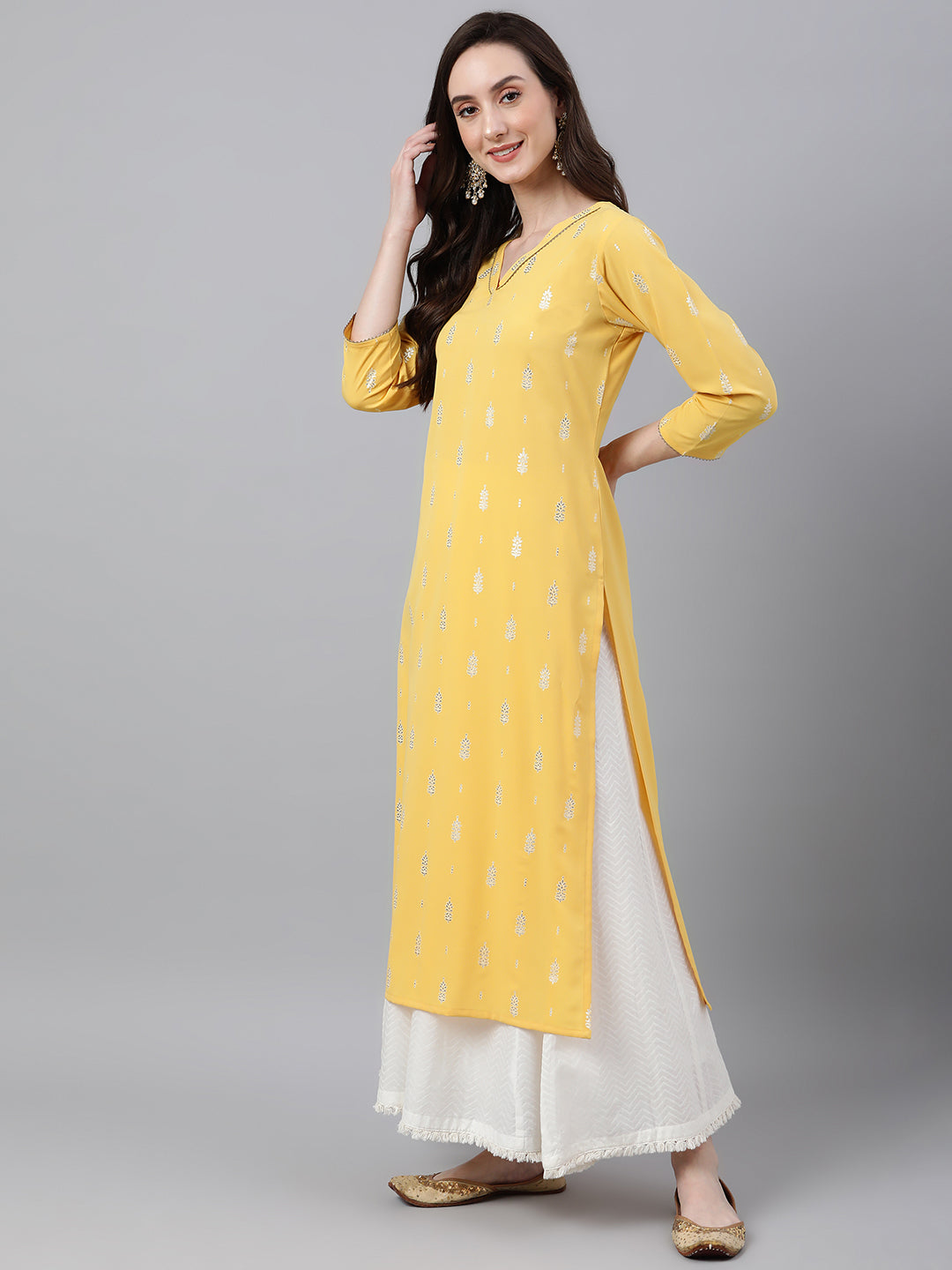Janasya Women's Mustard Crepe Foil Print Casual Straight Kurta 