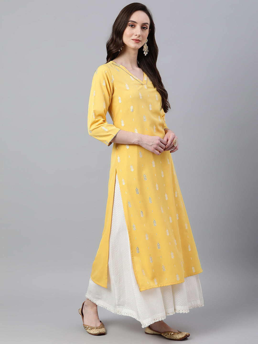 Janasya Women's Mustard Crepe Foil Print Casual Straight Kurta 