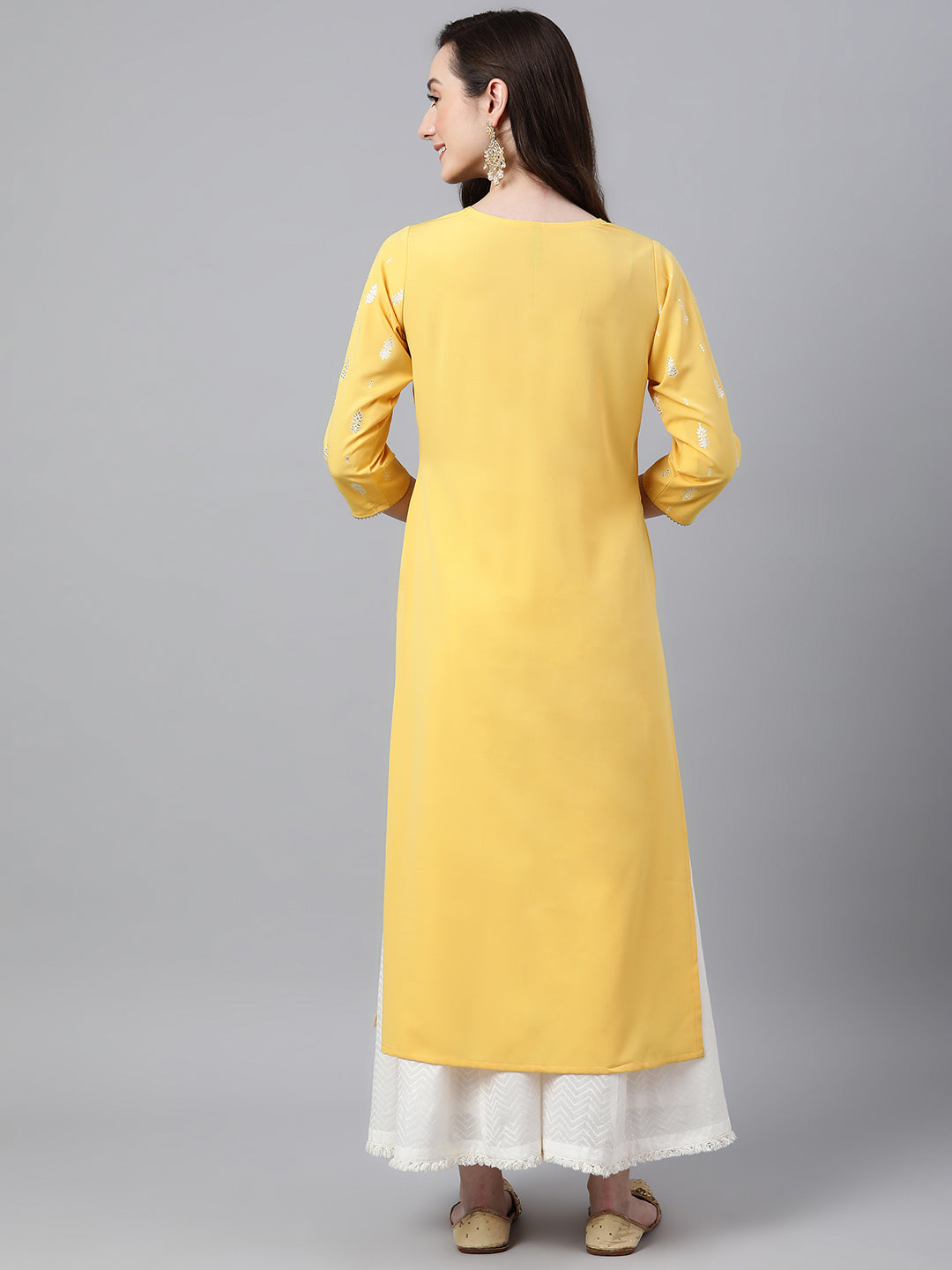 Janasya Women's Mustard Crepe Foil Print Casual Straight Kurta 